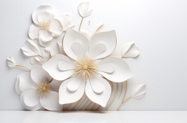 Obraz na płótnie Canvas Happy women's day. Mother's day. 8 march. Flowers on stem with leaves, white Blossom floral bouquet in plastic 3d realistic render or paper cut. banner