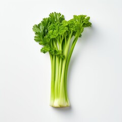 Photograph of celery, top down view, wite background