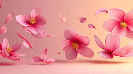 Five pink petals and a yellow center fall at various angles to create three-dimensional pink flowers.