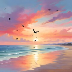 Fototapeta premium sunset, sky, sea, sun, bird, sunrise, birds, ocean, nature, landscape, water, flying, orange, clouds, cloud