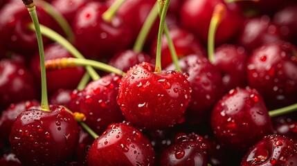 Many beautiful red cherries are closed with droplets of water.