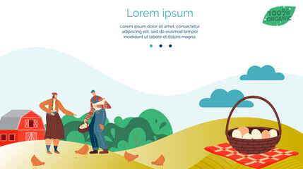 Elderly woman feeds chickens, young man carries eggs on farm. Rural lifestyle with livestock and fresh produce vector illustration. © Seahorsevector