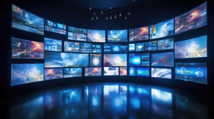 a multimedia video wall in a television broadcast setting, the dynamic display of multiple television screens to capture the essence of modern media production.