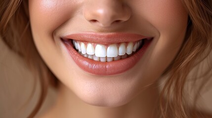 Obraz premium Woman smiling with bright white teeth into the camera, clean teeth dentist