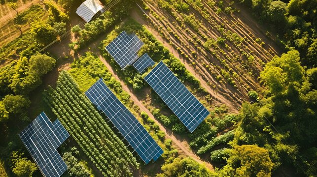 Aerial image of African developments beside a busy highway, with solar panels atop farms to ensure fresh vegetables for the metropolis