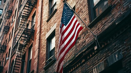 A brick house in New York has an American flag hanging from it, 35 mm