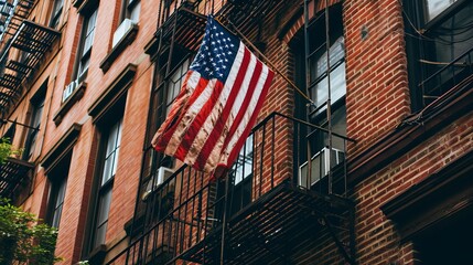 A brick house in New York has an American flag hanging from it, 35 mm