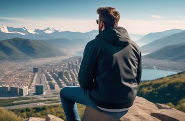 Fototapeta na wymiar man sitting on the rock over the city with mountains on background. Male resting and enjoying the view on the cityscape and landscape
