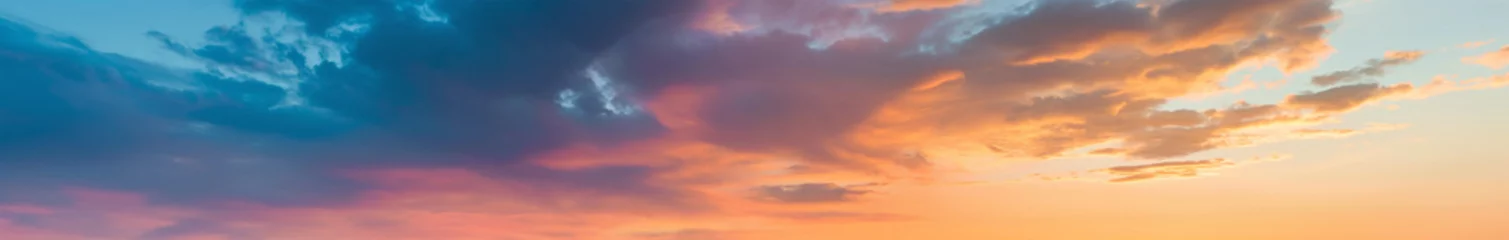 Fotobehang extra wide panoramic sunset sky. Vibrant gradient tones. poster banner landing page background design. Vibrant fantasy colorful cloudscape. Orange with red with yellow with blue, with purple © ana