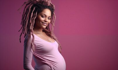 Belle femme noire enceinte debout sur fond violet, image avec espace pour texte