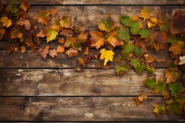 Naklejka na ściany i meble Autumnal wooden backdrop. Generative AI