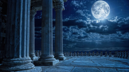 Ancient columns under a full moon night.