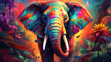 Colorful painting of a elephant with creative abstract elements as background	

