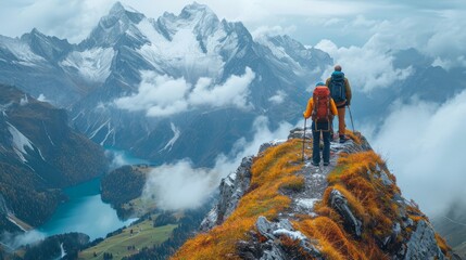 Group of people climbing, hiking up a high mountain, Reach the top of the mountain
