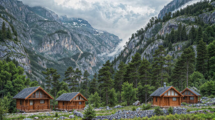 Fototapeta na wymiar Mountain cabins by a forest clearing.