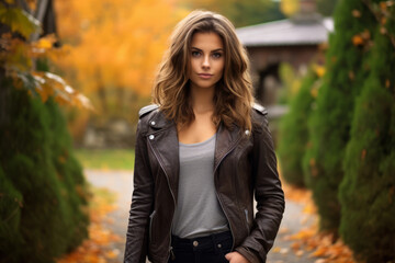 A stylish woman in a brown leather bomber jacket enjoying a peaceful autumn afternoon in a rustic countryside setting, with vibrant fall foliage in the background - obrazy, fototapety, plakaty