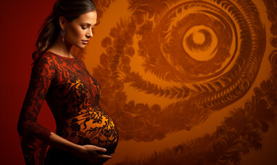 Belle femme enceinte debout sur fond coloré, image avec espace pour texte