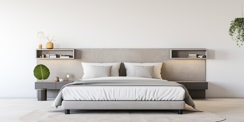 Modern avant-garde bedroom design featuring a bright room with a niche behind the bed, sconces above bedside tables, and a large light gray carpet.