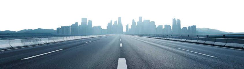 Deurstickers Estra wide panoramic highway leading to a modern city skyline n the horizon. Tall buildings and skyscrapers. Bright misty foggy background. Winter bright daytime. Pen tool premium flawless cutout.  © Mr. PNG