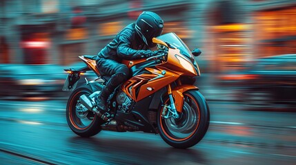 motor bike is racing on a normal street with blurred motion