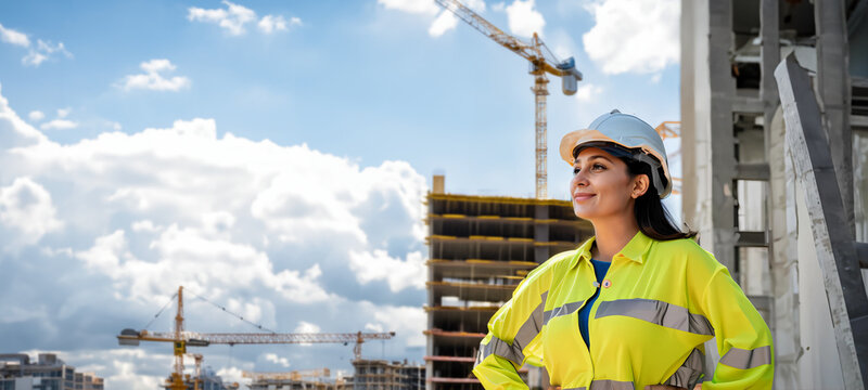 For&ccedil;a feminina de uma mulher engenheira no canteiro de obras. Mulher trabalhando no ramo de constru&ccedil;&atilde;o e arquitetura usando capacete.