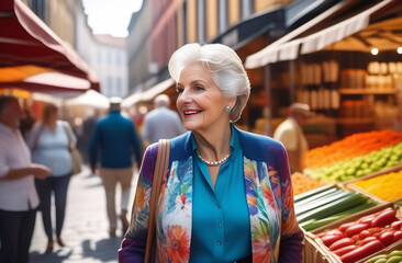 Obraz premium Senior old woman at vegetable market. Happy elderly elegant female outdoors