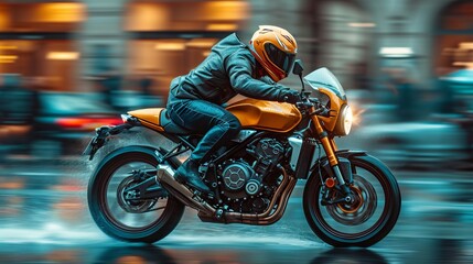 motor bike is racing on a normal street with blurred motion