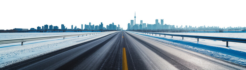 vast empty winter snowy highway perspective leading to a large city skyline with tall buildings and skyscrapers. Daytime winter highway and dystopian cutout background.  - obrazy, fototapety, plakaty