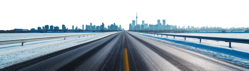 Foto op Canvas vast empty winter snowy highway perspective leading to a large city skyline with tall buildings and skyscrapers. Daytime winter highway and dystopian cutout background.  © Mr. PNG