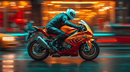 motor bike is racing on a normal street with blurred motion