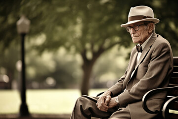Elderly gentleman in wire-rimmed glasses and a classic seersucker suit, sitting on a park bench contemplating life as he watches the world go by - obrazy, fototapety, plakaty