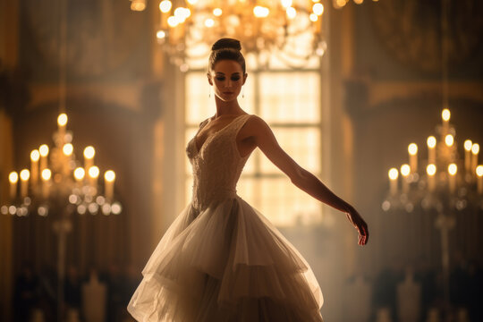 An Elegant Ballroom Dancer Glides Across a Glistening Parquet Floor Under the Soft Glow of Vintage Chandeliers, Her Graceful Poise Captivating the Room