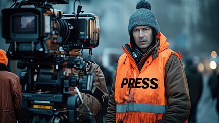 Naklejka premium War reporter broadcasting live from a conflict zone.