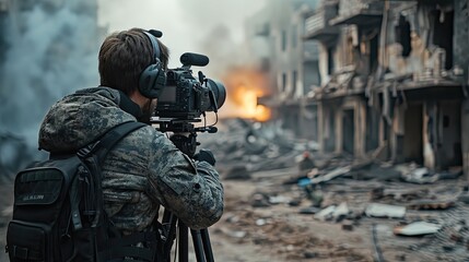 War reporter broadcasting live from a conflict zone. - obrazy, fototapety, plakaty