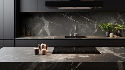 the induction cooktop on a marble countertop in the modern kitchen of a contemporary home, featuring an oven and cabinets, with a composition or scene in a minimalist modern style.