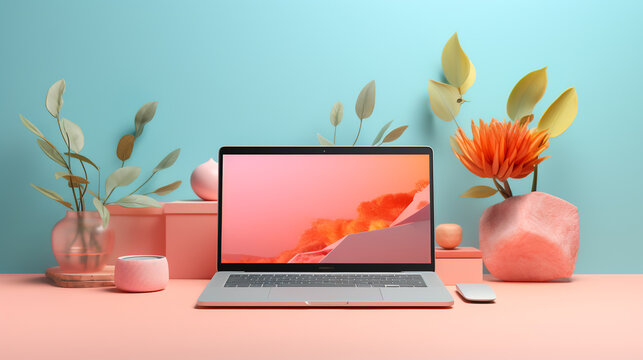 Open laptop with blank screen desktop with plants. Blue wall background. Banner mockup for graphic design interior decor concept