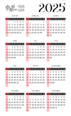 Calendar for 2025. The days of the week are located at the top. The week starts on Sunday. Vector illustration