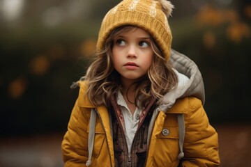 Outdoor portrait of cute little girl in yellow coat and hat.