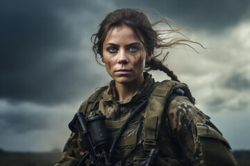 Portrait of a Determined Female Infantryman, Clad in Camouflage Uniform, Standing Tall Against the Backdrop of a Rugged Battlefield Under a Stormy Sky