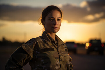A Powerful Portrait of a Determined Female Military Trainer, Standing Tall in Her Camouflage Uniform, Against the Backdrop of a Military Base at Sunset