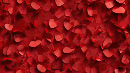 a bright background of red paper hearts, creating a visually bright and festive atmosphere. An image showing a background filled with many red paper hearts, evoking feelings of warmth and love.