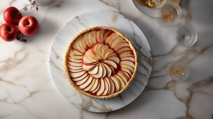 a sliced apple tart elegantly presented on a marble countertop, designed with a minimalist modern style composition or scene.
