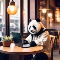 panda works at a laptop in a cafe