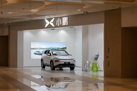 Shanghai, China - Aug 9, 2023: XPeng G3i, an all-electric compact crossover SUV and the least expensive currently on sale from XPeng, is displayed at one of its stores in Shanghai, China.