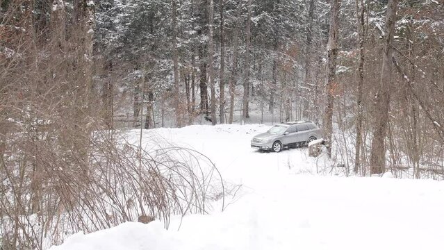Subaru outback in the snow winter weather travel