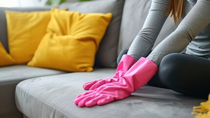 A young woman cleans furniture at home, wearing gloves and a polypropylene rag.