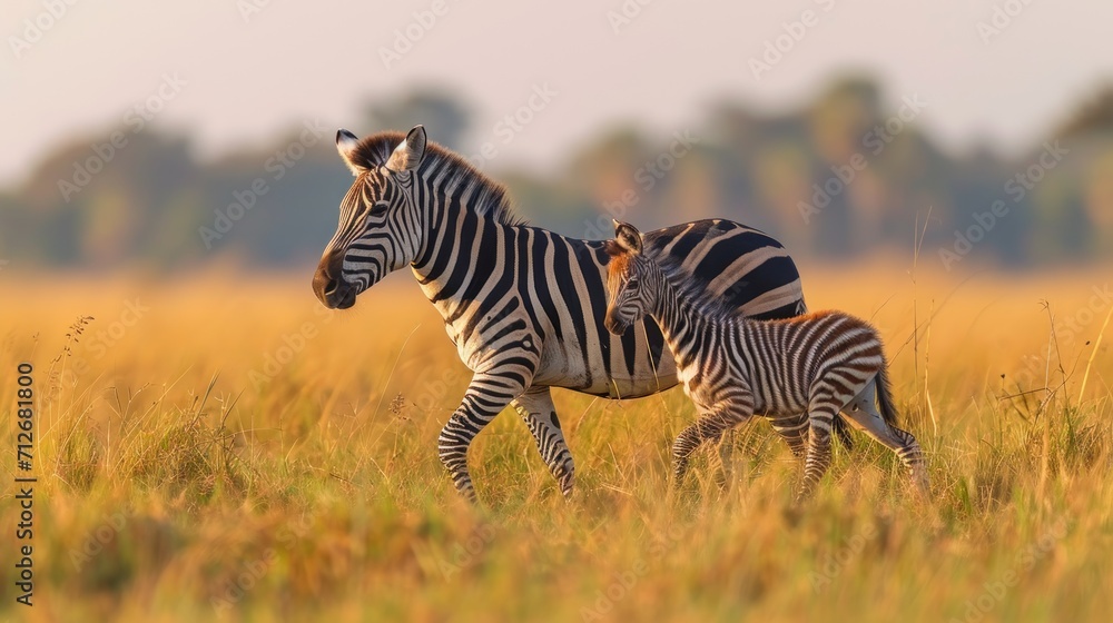 Poster a couple of zebra standing next to each other on a field of tall grass with trees in the background 