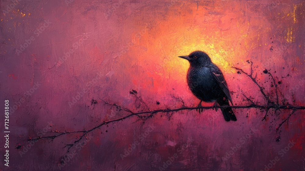 Poster a painting of a black bird sitting on a branch in front of a red and yellow background with the sun 