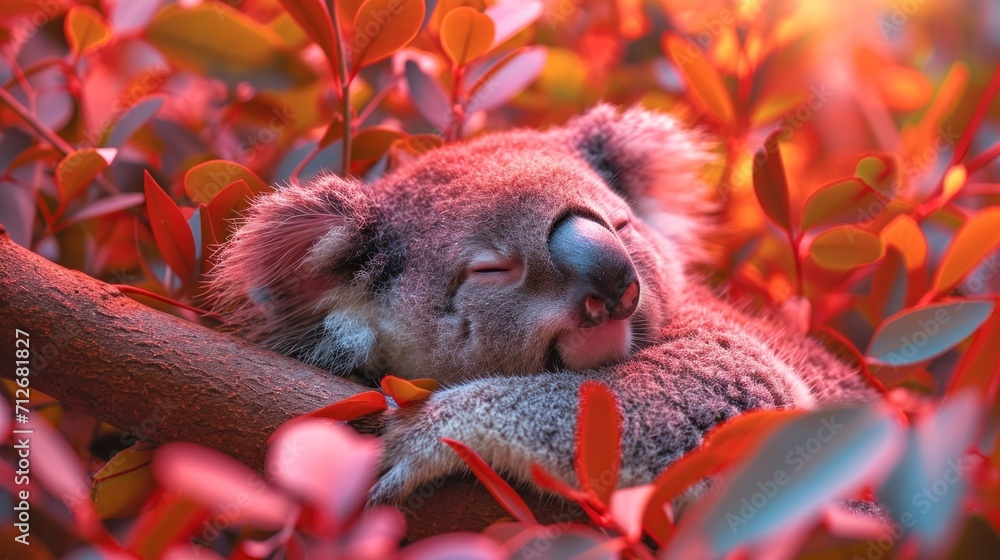 Poster a koala sleeping on a tree branch with its eyes closed and its head resting on a tree branch with it