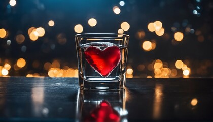 Heart-shaped ice cube in water glass on table against a dimly lit room with background lights - obrazy, fototapety, plakaty